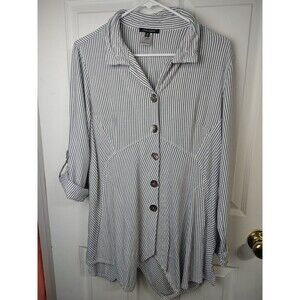 John Mark Woman M Tunic Shirt Grey White Striped Roll Tab LS V Neck Asymmetrical